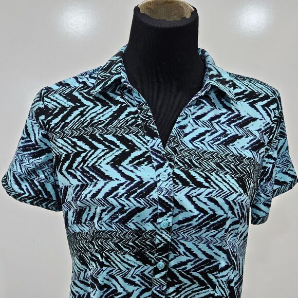 Dana Buchman Womens Pleated Button Up Top Size Medium Geometric Chevron Tribal - Picture 6 of 12